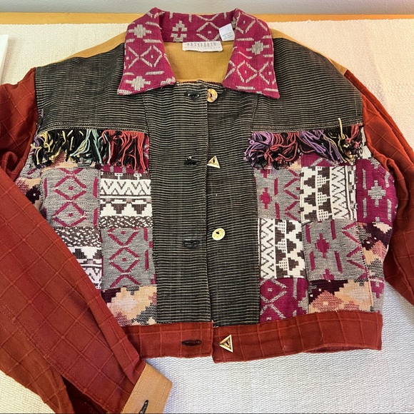 90s Passports by Pier 1 Imports Eclectic Fringe Patchwork Cropped Jacket - Picture 8 of 13